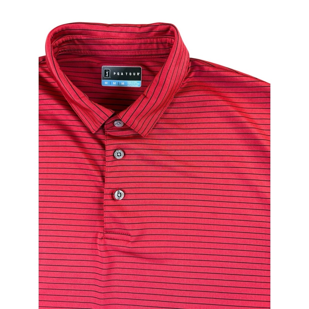 PGA TOUR Red Feeder Stripe Short Sleeve Golf Polo Shirt Size M Driflux/Sunflux